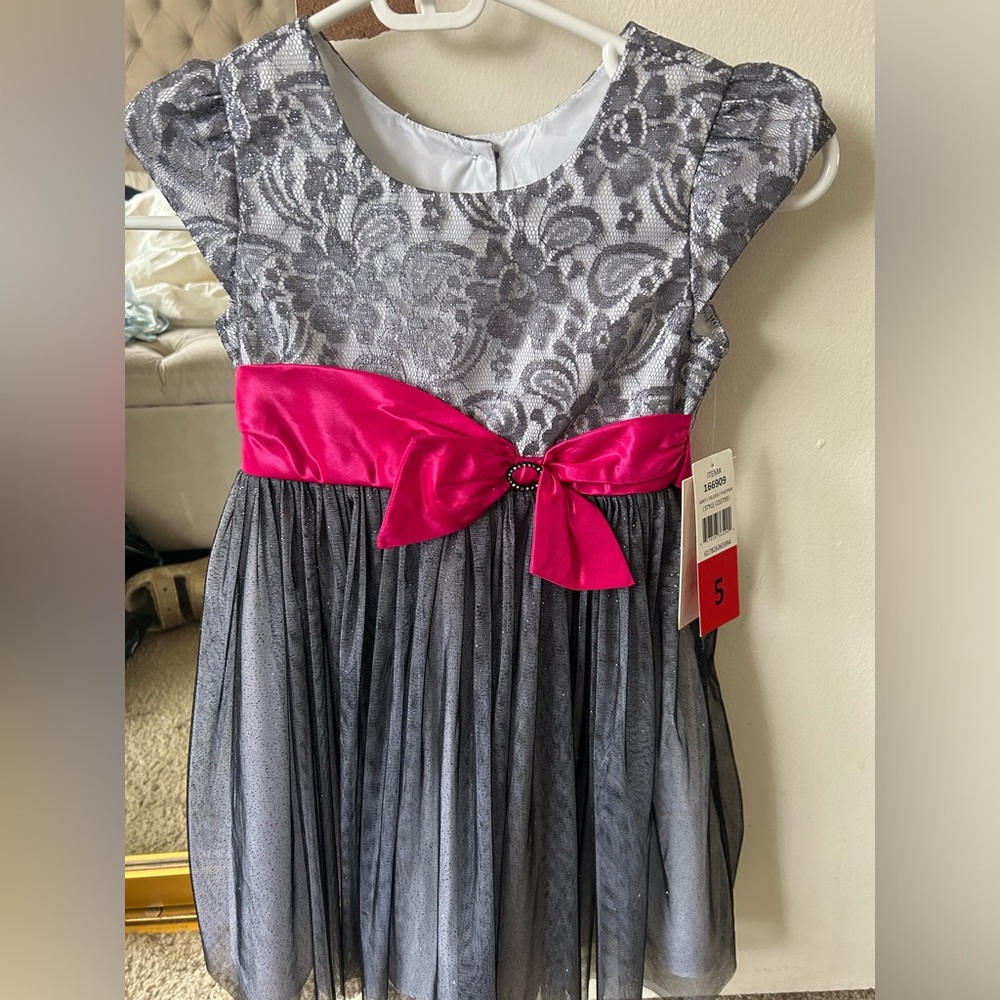 Girls fona michelle cute dress silver gray and fuschia
